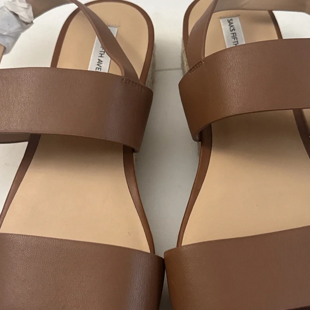 Women's 10.5 M Saks Fifth Avenue Fran Brown Leather Espadrille Sandals Slingback